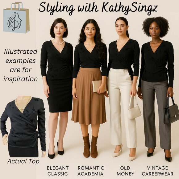 Jones New York Top Size 0P Black Wrap Knit Velvet Floral Vintage 1990s Elegant - Picture 2 of 14